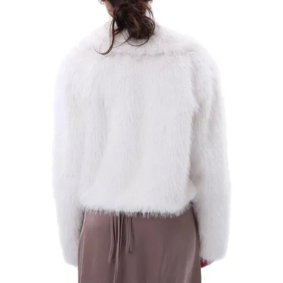 Women's Faux Fur Zip-Up Cropped Jacket Long Sleeve Warm Winter Coat White - Picture 3 of 5